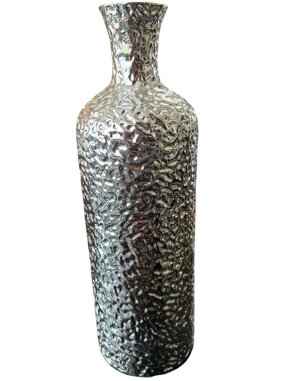 Tall Silver Metallic Textured Vase Modern Hammered Finish Shiny Glam Home 13”